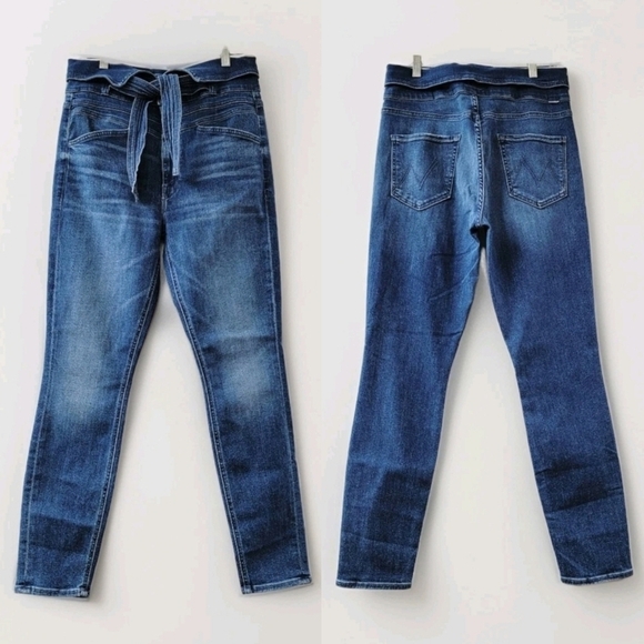 Mother Triple Stack Looker Wish on a Star Jeans Size 31 Blue High Waist Tie - Picture 1 of 16